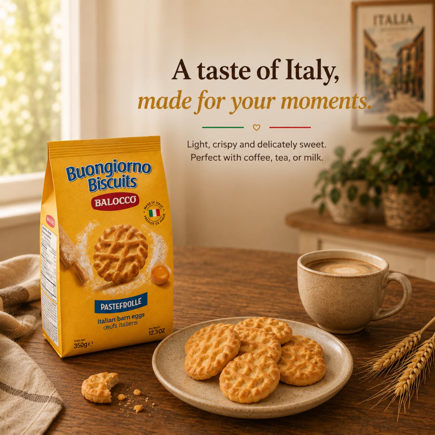 Balocco Pastefrolle — Italy's beloved classic shortbread cookies, crafted with a rich, buttery dough and baked to a delicate golden finish. Light, crumbly, and melt-in-your-mouth tender, these traditional Italian biscuits are a staple in Italian homes.