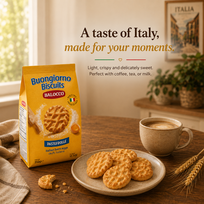 Balocco Pastefrolle — Italy's beloved classic shortbread cookies, crafted with a rich, buttery dough and baked to a delicate golden finish. Light, crumbly, and melt-in-your-mouth tender, these traditional Italian biscuits are a staple in Italian homes.