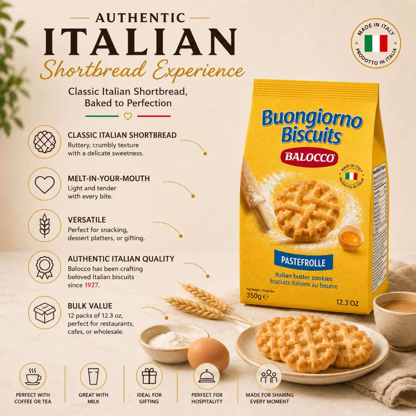 Balocco Pastefrolle — Italy's beloved classic shortbread cookies, crafted with a rich, buttery dough and baked to a delicate golden finish. Light, crumbly, and melt-in-your-mouth tender, these traditional Italian biscuits are a staple in Italian homes.