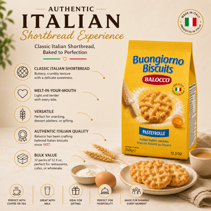 Balocco Pastefrolle — Italy's beloved classic shortbread cookies, crafted with a rich, buttery dough and baked to a delicate golden finish. Light, crumbly, and melt-in-your-mouth tender, these traditional Italian biscuits are a staple in Italian homes.