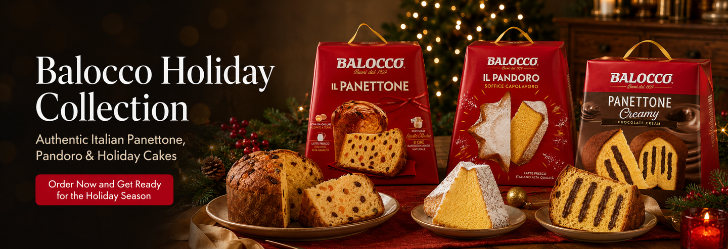 Promotional holiday cake collection banner featuring Balocco branded red gift bags and sliced Panettone, Pandoro, and Panettone Creamy cakes on plates, with text reading 'Baloocco Holiday Collection' and an order callout.