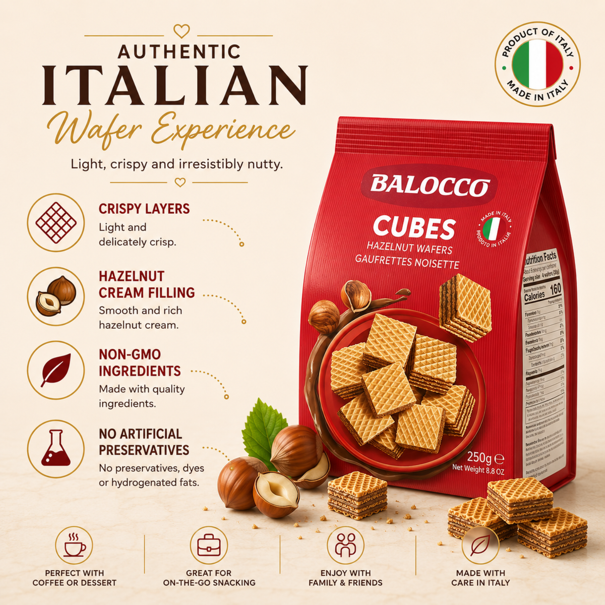 Balocco Hazelnut Wafer Cubes 8.8 oz (250g)