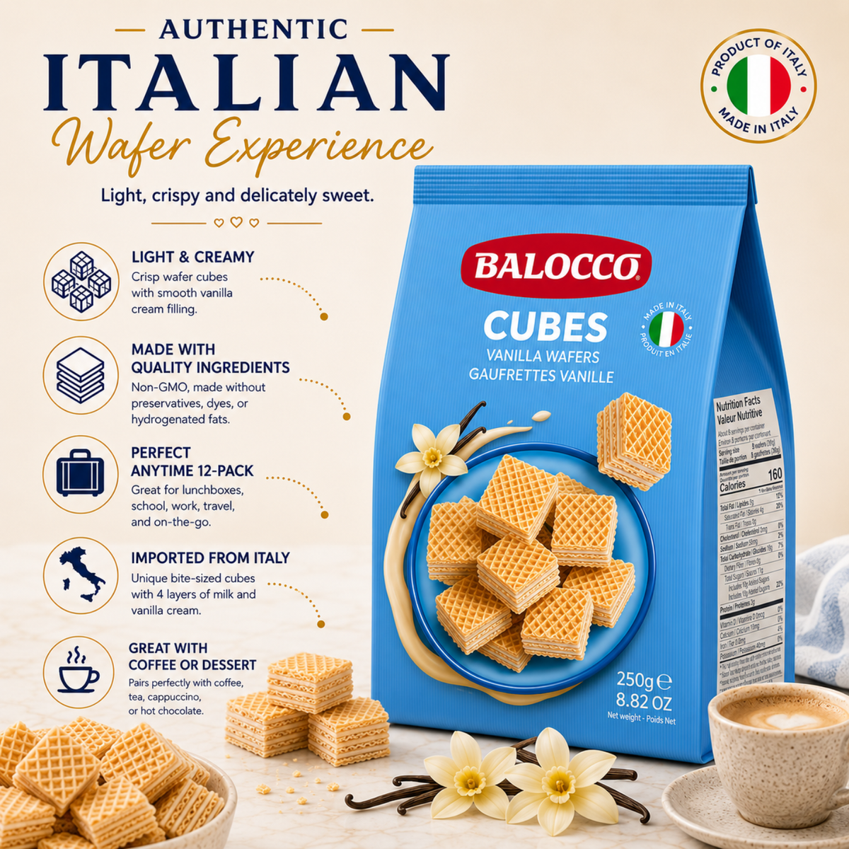 Balocco Wafer Cubes Milk Vanilla — bite-sized wafer cubes filled with smooth milk and vanilla cream, layered between light, golden wafer sheets.