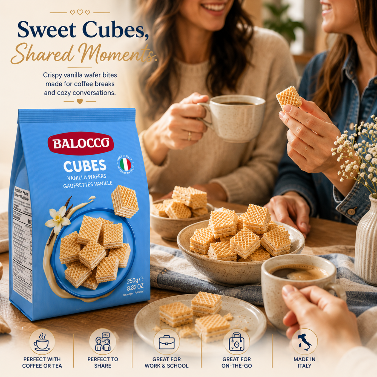 Balocco Wafer Cubes Milk Vanilla — bite-sized wafer cubes filled with smooth milk and vanilla cream, layered between light, golden wafer sheets.