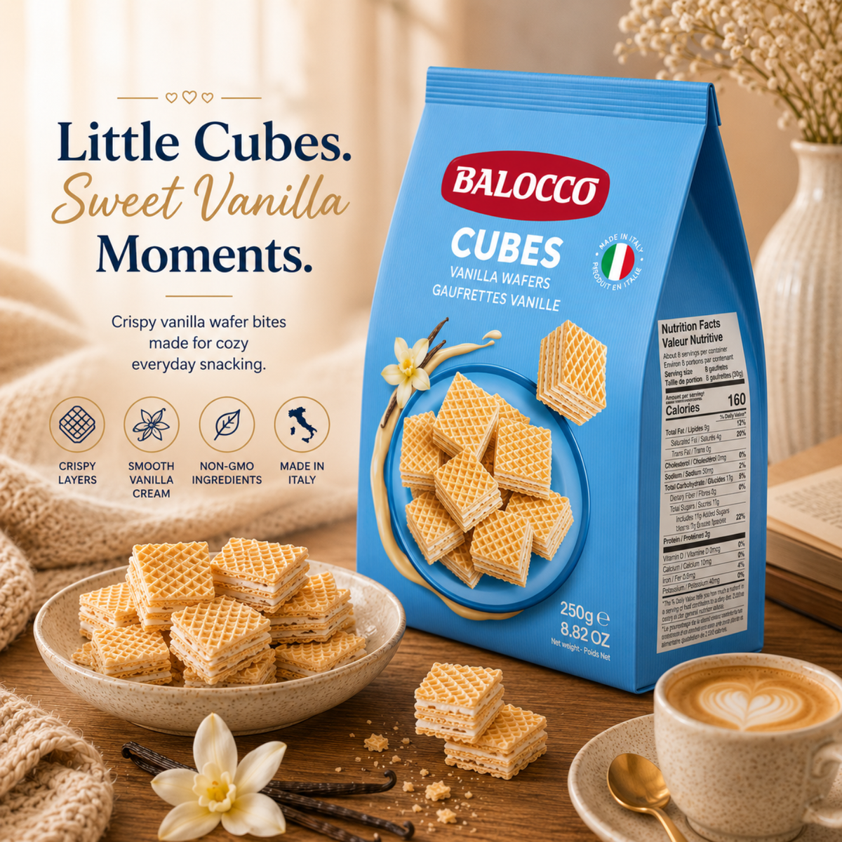 Balocco Wafer Cubes Milk Vanilla — bite-sized wafer cubes filled with smooth milk and vanilla cream, layered between light, golden wafer sheets.