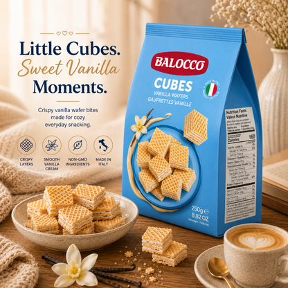 Balocco Wafer Cubes Milk Vanilla — bite-sized wafer cubes filled with smooth milk and vanilla cream, layered between light, golden wafer sheets.