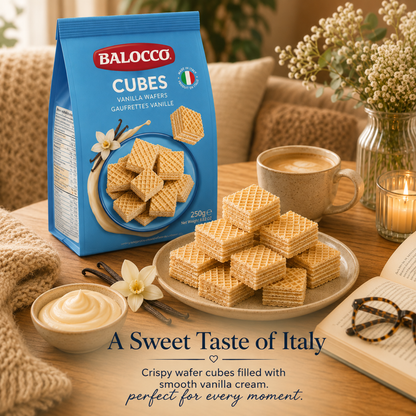 Balocco Wafer Cubes Milk Vanilla — bite-sized wafer cubes filled with smooth milk and vanilla cream, layered between light, golden wafer sheets.
