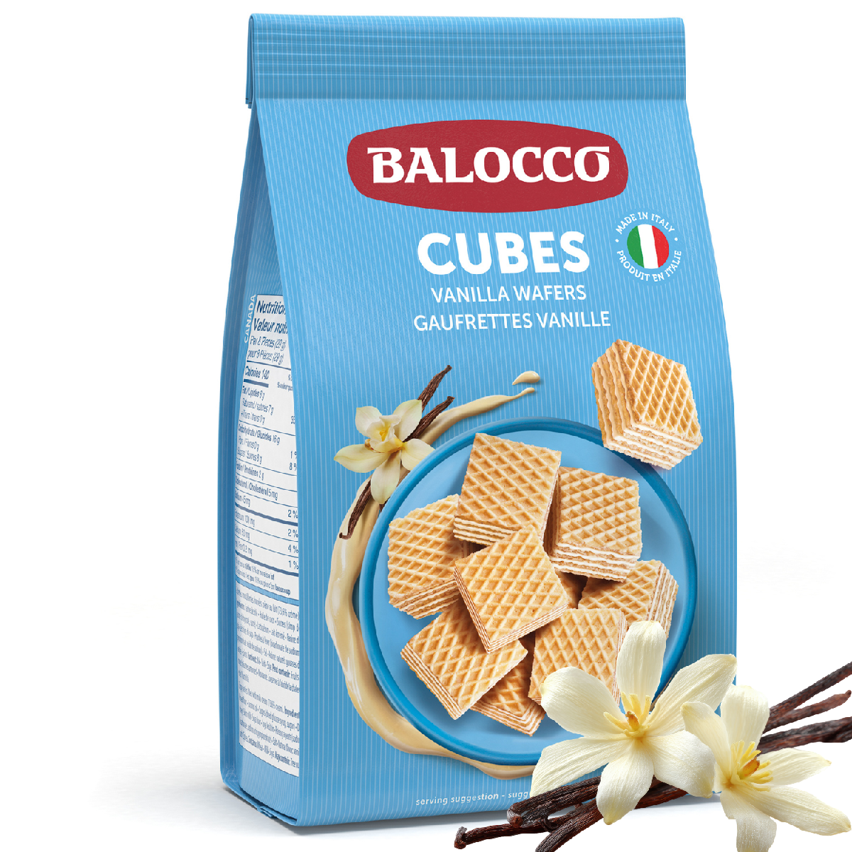  Balocco Wafer Cubes Milk Vanilla — bite-sized wafer cubes filled with a smooth milk and vanilla cream, layered between light, golden wafer sheets. A timeless Italian classic, crafted by Balocco since 1927.