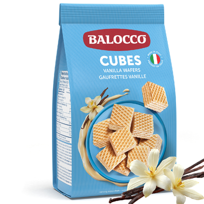  Balocco Wafer Cubes Milk Vanilla — bite-sized wafer cubes filled with a smooth milk and vanilla cream, layered between light, golden wafer sheets. A timeless Italian classic, crafted by Balocco since 1927.