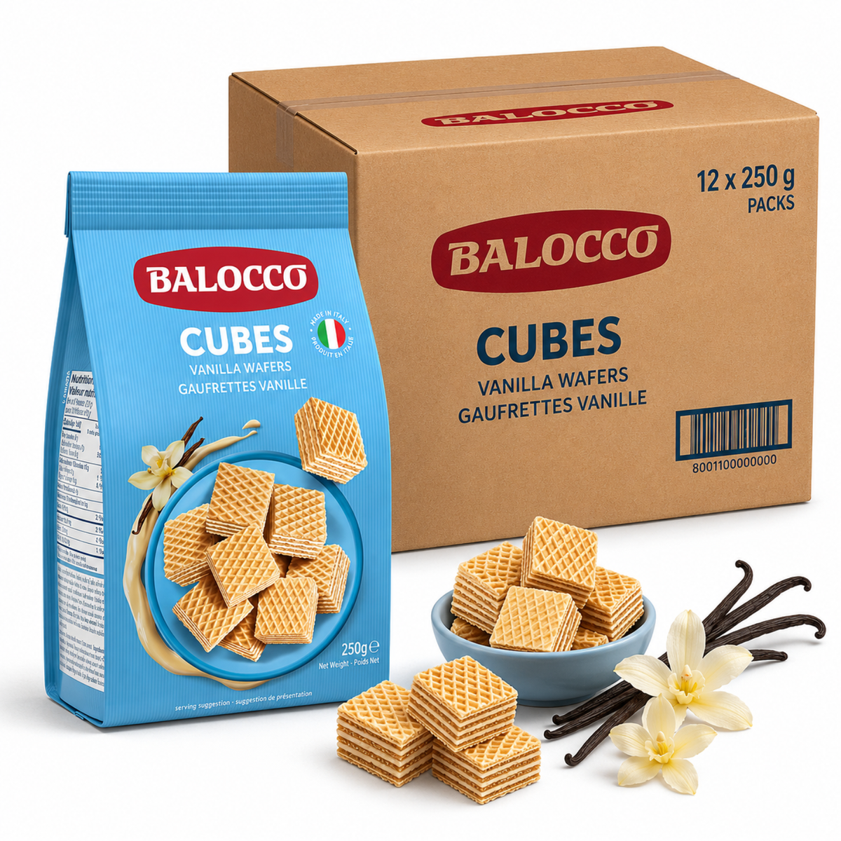 Balocco Wafer Cubes Milk Vanilla — bite-sized wafer cubes filled with smooth milk and vanilla cream, layered between light, golden wafer sheets.