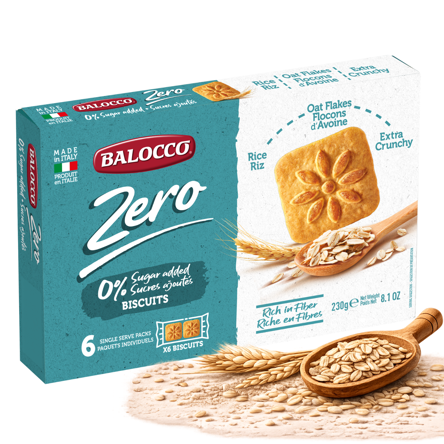 Balocco Zero Sugar Italian Cookies made with the natural goodness of Oat Flakes &amp; Rice. Baked in Italy with Balocco's artisan tradition, these light, crunchy cookies deliver a wholesome, satisfying bite — with zero added sugar and all the goodness of whole grains.