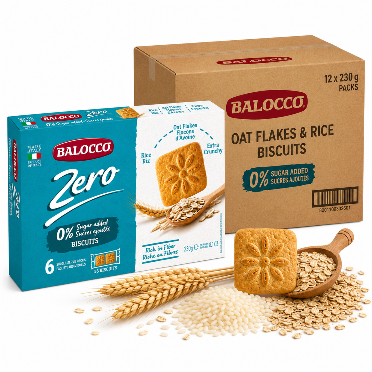  Balocco Zero Sugar Italian Cookies made with the natural goodness of Oat Flakes &amp; Rice. Baked in Italy with Balocco's artisan tradition, these light, crunchy cookies deliver a wholesome, satisfying bite — with zero added sugar. This 12-pack keeps your pantry stocked for healthy snacking all month long.