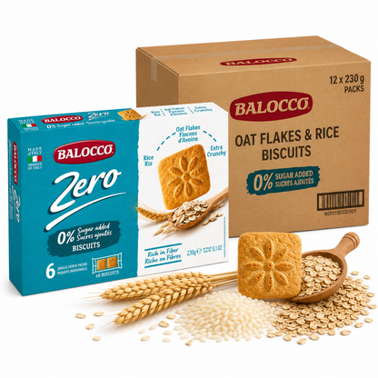  Balocco Zero Sugar Italian Cookies made with the natural goodness of Oat Flakes &amp; Rice. Baked in Italy with Balocco's artisan tradition, these light, crunchy cookies deliver a wholesome, satisfying bite — with zero added sugar. This 12-pack keeps your pantry stocked for healthy snacking all month long.