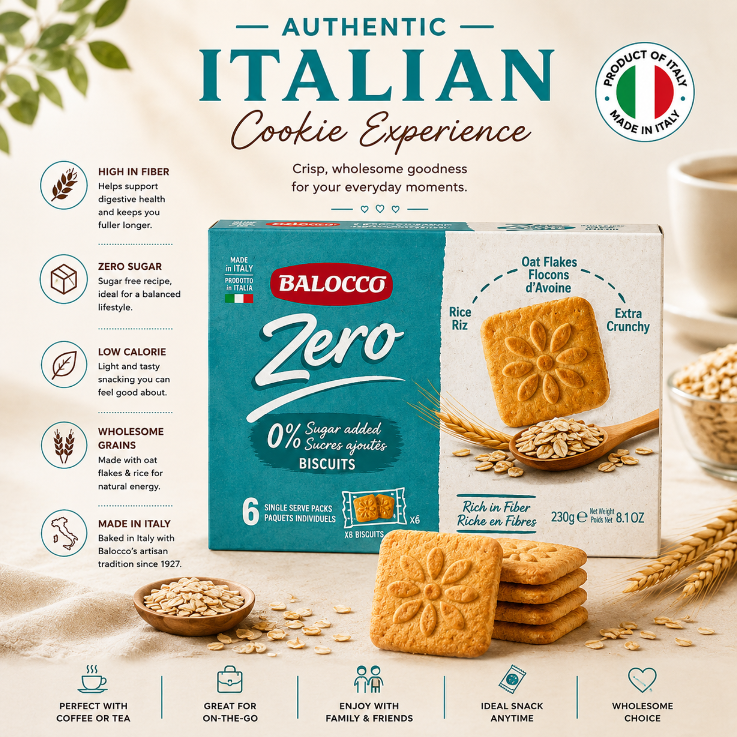  Balocco Zero Sugar Italian Cookies made with the natural goodness of Oat Flakes &amp; Rice. Baked in Italy with Balocco's artisan tradition, these light, crunchy cookies deliver a wholesome, satisfying bite — with zero added sugar. This 12-pack keeps your pantry stocked for healthy snacking all month long.
