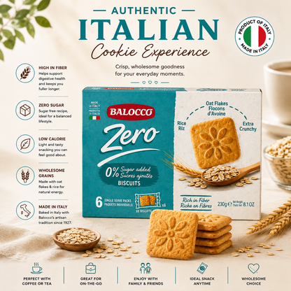  Balocco Zero Sugar Italian Cookies made with the natural goodness of Oat Flakes &amp; Rice. Baked in Italy with Balocco's artisan tradition, these light, crunchy cookies deliver a wholesome, satisfying bite — with zero added sugar. This 12-pack keeps your pantry stocked for healthy snacking all month long.