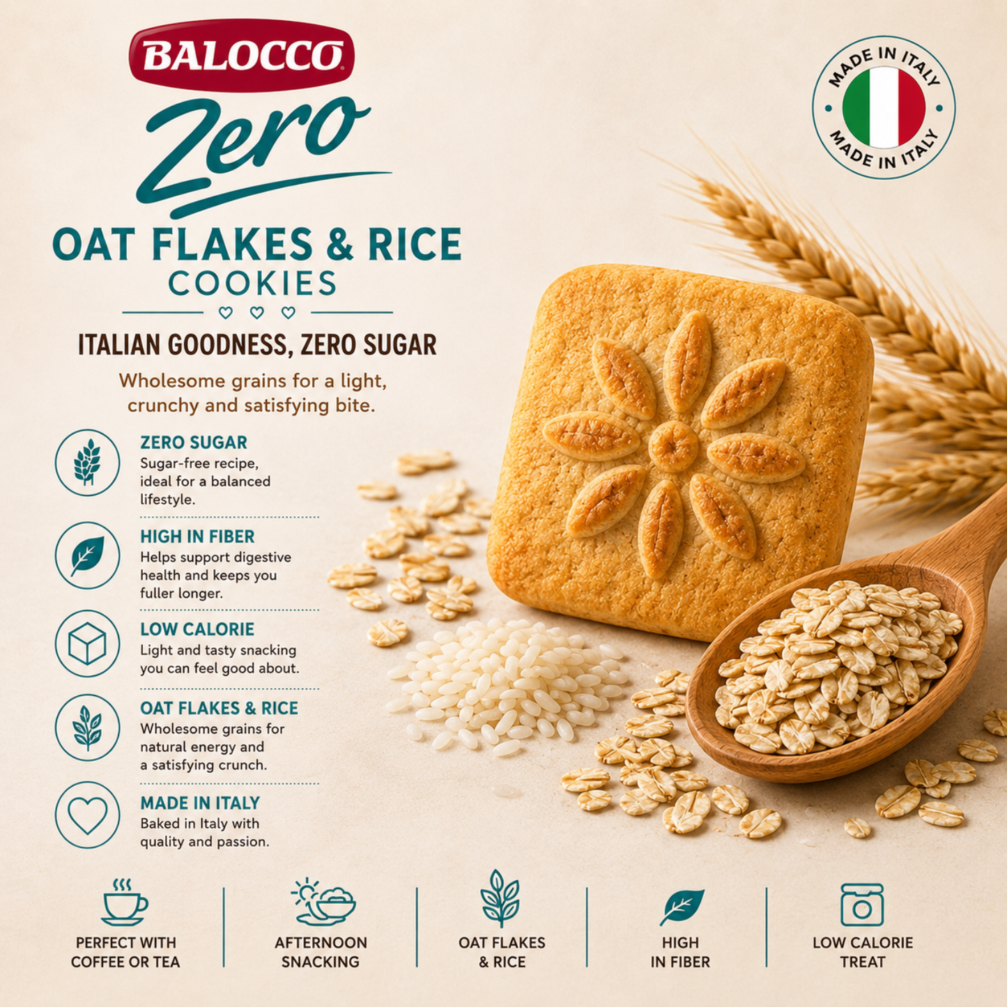  Balocco Zero Sugar Italian Cookies made with the natural goodness of Oat Flakes &amp; Rice. Baked in Italy with Balocco's artisan tradition, these light, crunchy cookies deliver a wholesome, satisfying bite — with zero added sugar. This 12-pack keeps your pantry stocked for healthy snacking all month long.