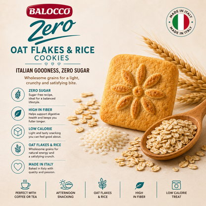  Balocco Zero Sugar Italian Cookies made with the natural goodness of Oat Flakes &amp; Rice. Baked in Italy with Balocco's artisan tradition, these light, crunchy cookies deliver a wholesome, satisfying bite — with zero added sugar. This 12-pack keeps your pantry stocked for healthy snacking all month long.