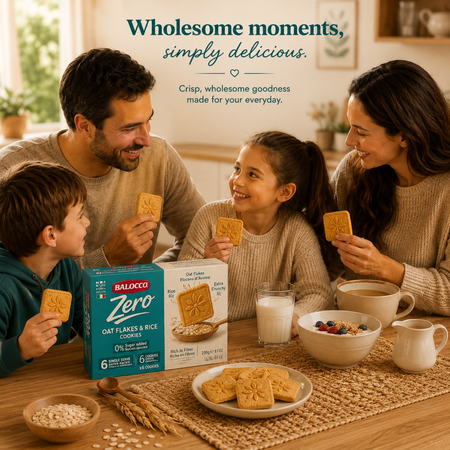  Balocco Zero Sugar Italian Cookies made with the natural goodness of Oat Flakes &amp; Rice. Baked in Italy with Balocco's artisan tradition, these light, crunchy cookies deliver a wholesome, satisfying bite — with zero added sugar. This 12-pack keeps your pantry stocked for healthy snacking all month long.