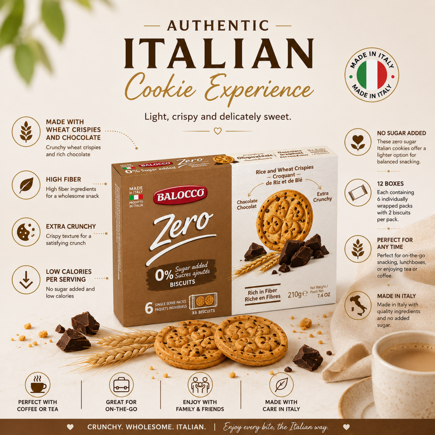  Balocco Zero Sugar Italian Cookies — the guilt-free crunch you've been waiting for. Crafted in Italy with a tradition of biscuit-making excellence, these crispy, satisfying cookies deliver bold flavor without a single gram of added sugar
