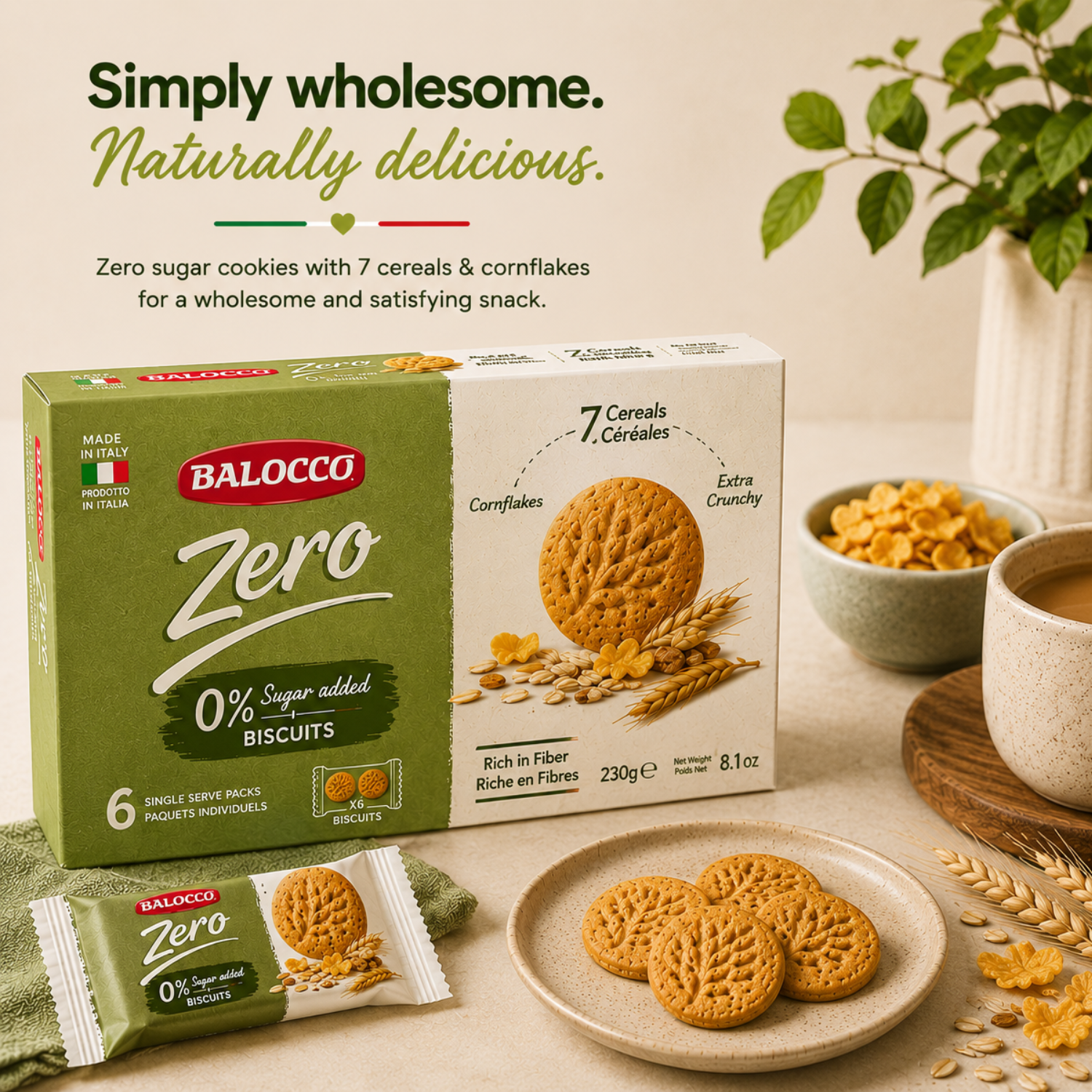 Balocco Zero Sugar Italian Cookies made with the wholesome power of 7 Cereals &amp; Cornflakes. Baked in Italy with decades of artisan biscuit-making tradition, these crunchy, fiber-rich cookies are the perfect healthy snack — without any added sugar.