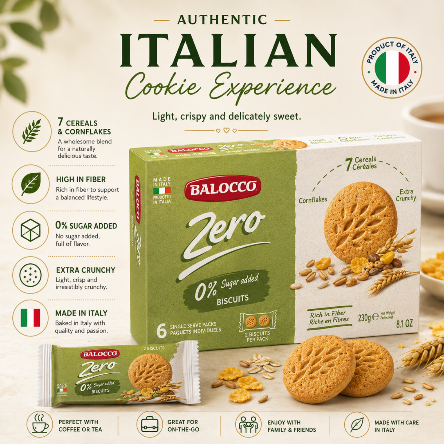 Balocco Zero Sugar Italian Cookies made with the wholesome power of 7 Cereals &amp; Cornflakes. Baked in Italy with decades of artisan biscuit-making tradition, these crunchy, fiber-rich cookies are the perfect healthy snack — without any added sugar.