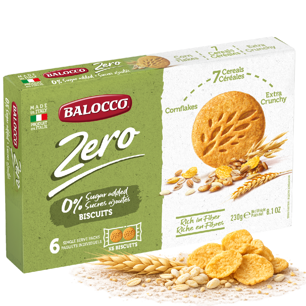 Balocco Zero Sugar Italian Cookies made with the wholesome power of 7 Cereals &amp; Cornflakes. Baked in Italy with decades of artisan biscuit-making tradition, these crunchy, fiber-rich cookies are the perfect healthy snack — without any added sugar.