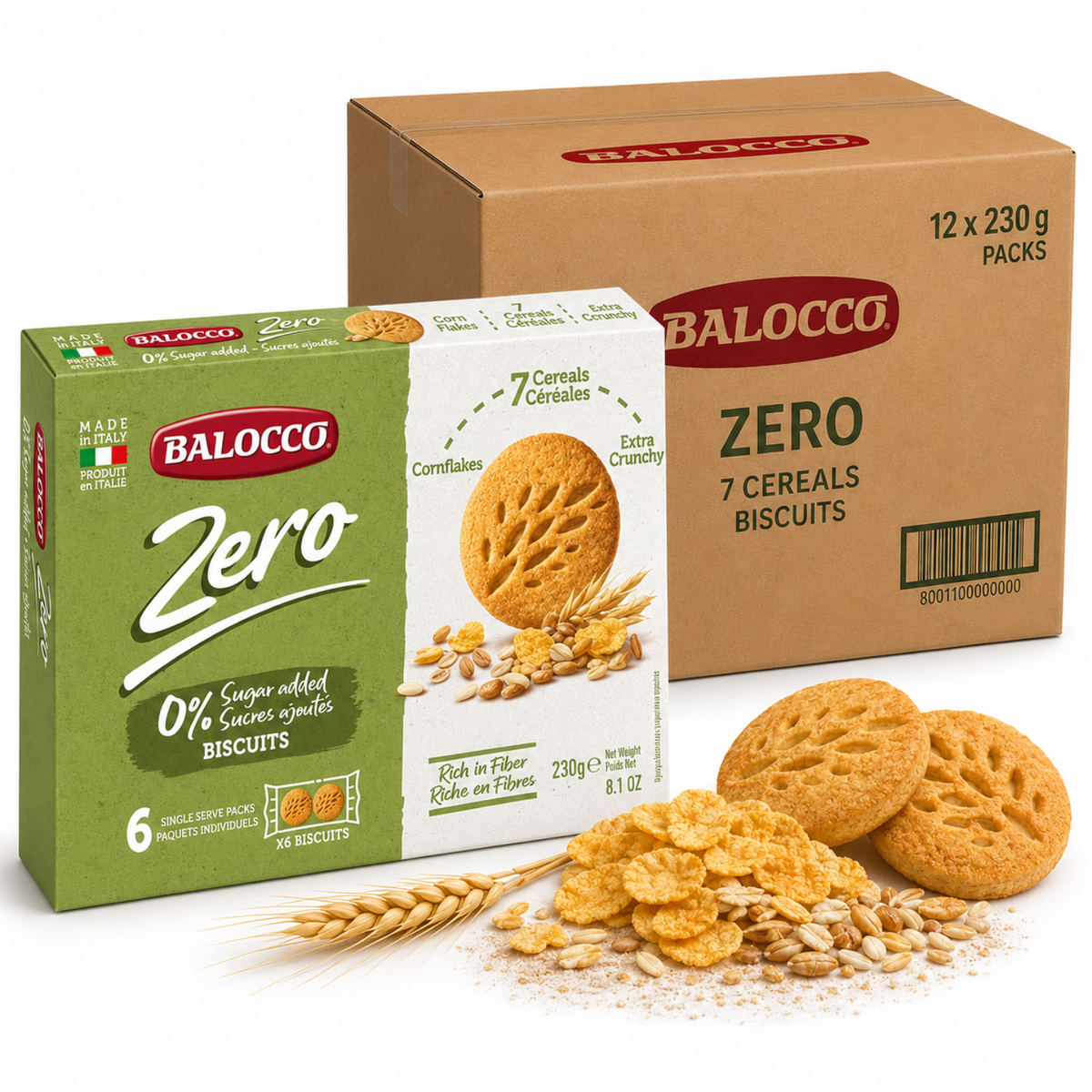 Balocco Zero Sugar Italian Cookies made with the wholesome power of 7 Cereals &amp; Cornflakes. Baked in Italy with decades of artisan biscuit-making tradition, these crunchy, fiber-rich cookies are the perfect healthy snack — without any added sugar.