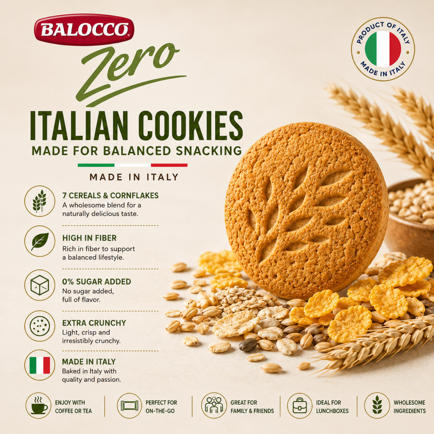 Balocco Zero Sugar Italian Cookies made with the wholesome power of 7 Cereals &amp; Cornflakes. Baked in Italy with decades of artisan biscuit-making tradition, these crunchy, fiber-rich cookies are the perfect healthy snack — without any added sugar.