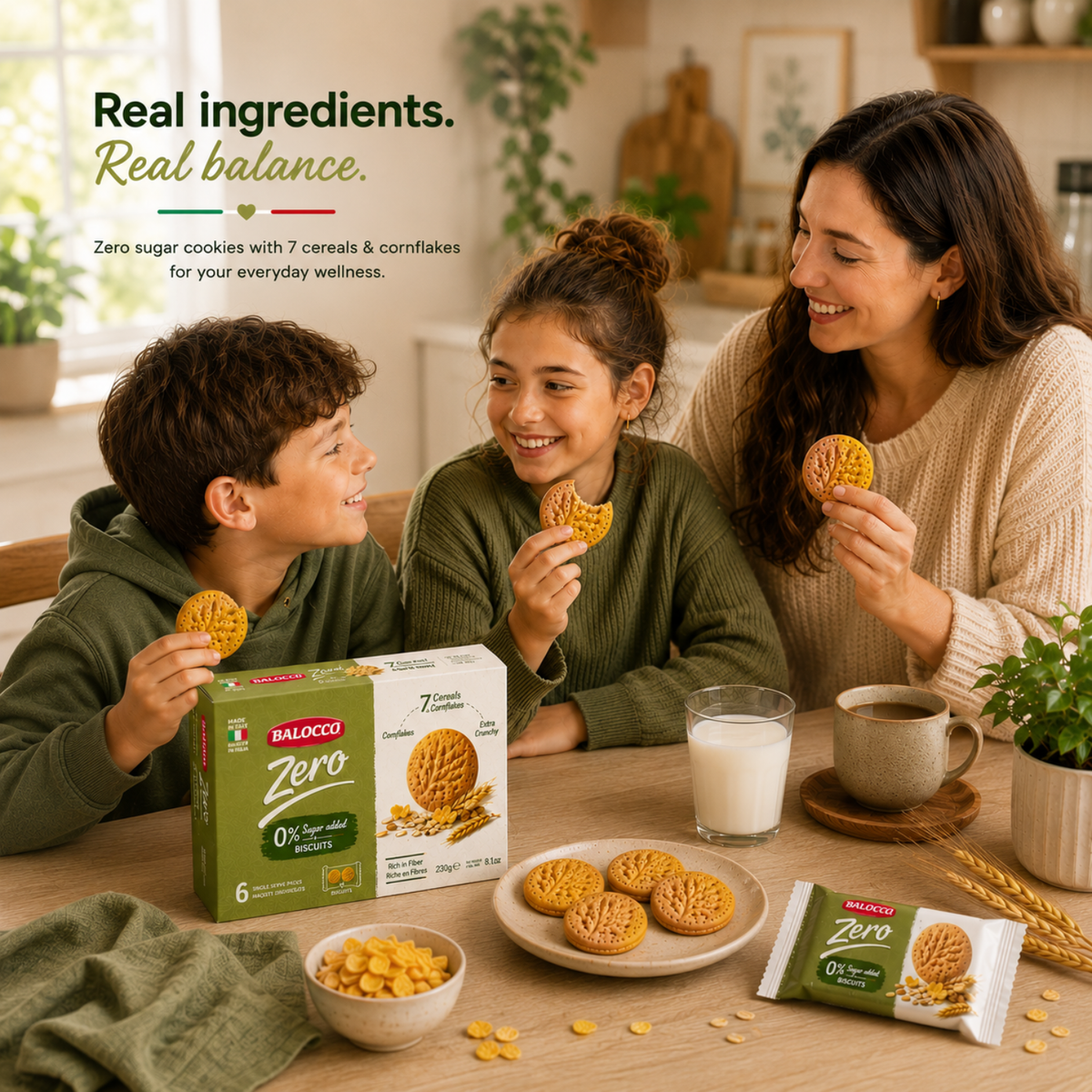 Balocco Zero Sugar Italian Cookies made with the wholesome power of 7 Cereals &amp; Cornflakes. Baked in Italy with decades of artisan biscuit-making tradition, these crunchy, fiber-rich cookies are the perfect healthy snack — without any added sugar.