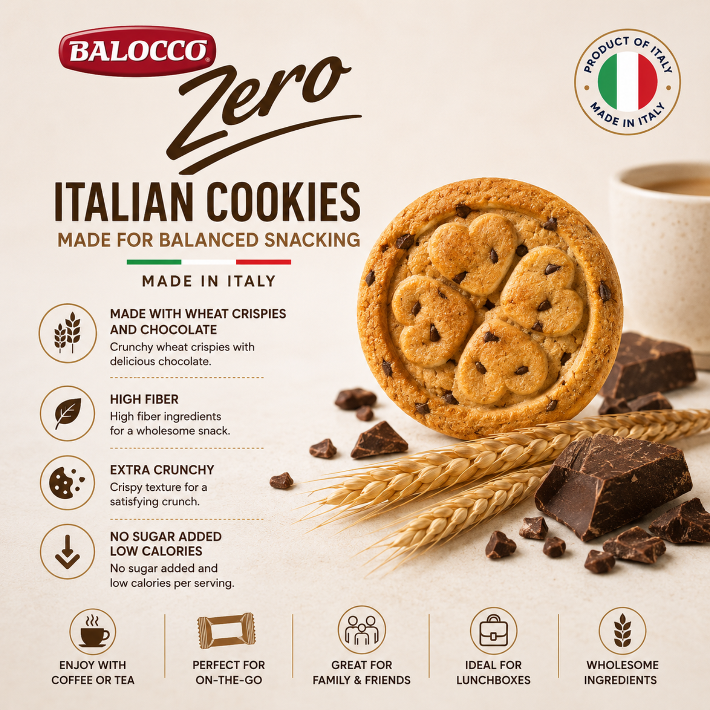 Balocco Zero Sugar Italian Cookies — the guilt-free crunch you've been waiting for. Crafted in Italy with a tradition of biscuit-making excellence, these crispy, satisfying cookies deliver bold flavor without a single gram of added sugar.