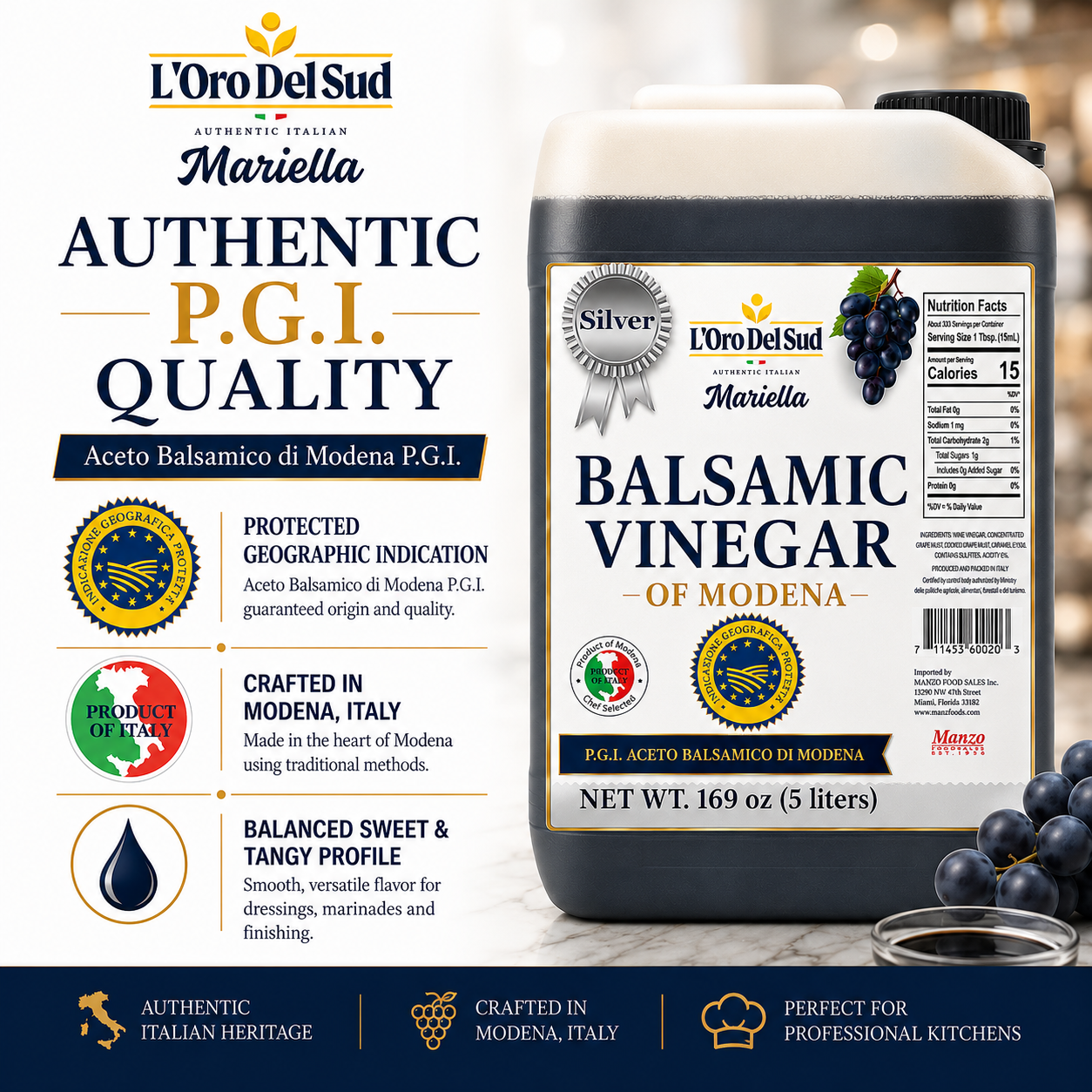 Authentic Balsamic Vinegar of Modena – crafted for professional kitchens, delivering a rich, balanced flavor to elevate every dish.