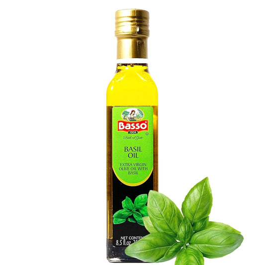 Bottle of Basso 1904 Basil Infused Extra Virgin Olive Oil, 8.5 fl oz (250 ml), premium Italian gourmet olive oil infused with fresh basil, ideal for pasta, salads, vegetables, bread, dipping, marinating, and cooking, non-GMO, gluten-free, vegan-friendly