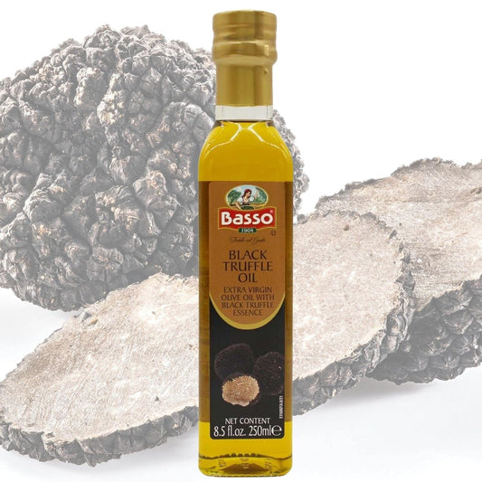 Basso 1904 Black Truffle Infused Extra Virgin Olive Oil 8.5 fl oz 250 ml bottle with truffle background – gourmet Italian EVOO with rich earthy aroma
