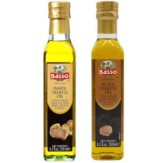 Basso 1904 Black and White Truffle Infused Extra Virgin Olive Oil set – two 250 ml bottles of premium Italian EVOO with black truffle and white truffle essence.