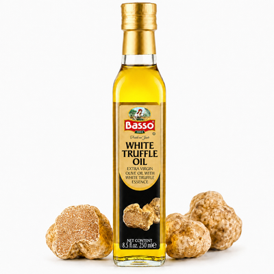 Basso White Truffle Infused Extra Virgin Olive Oil bottle 250ml with fresh white truffles, premium Italian gourmet condiment.