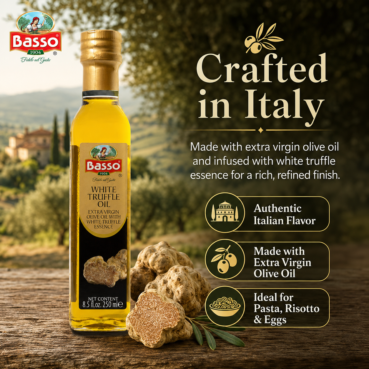 Basso White Truffle Infused Extra Virgin Olive Oil 250ml bottle with roasted potato wedges background and text Smooth on Potatoes.