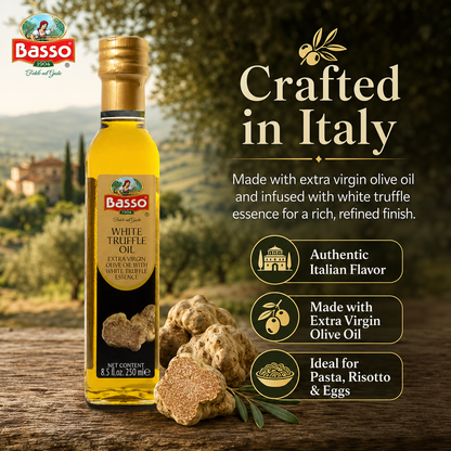 Basso White Truffle Infused Extra Virgin Olive Oil 250ml bottle with roasted potato wedges background and text Smooth on Potatoes.
