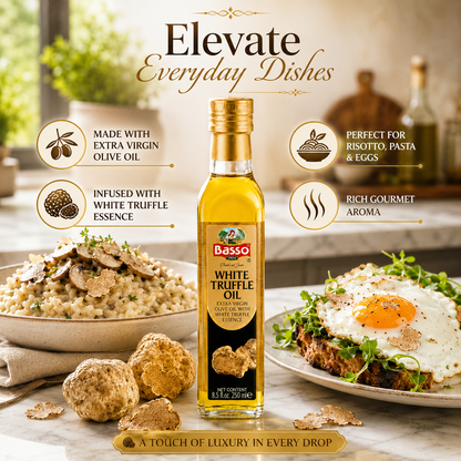 Basso White Truffle Infused Extra Virgin Olive Oil 250ml bottle with roasted potato wedges background and text Smooth on Potatoes.