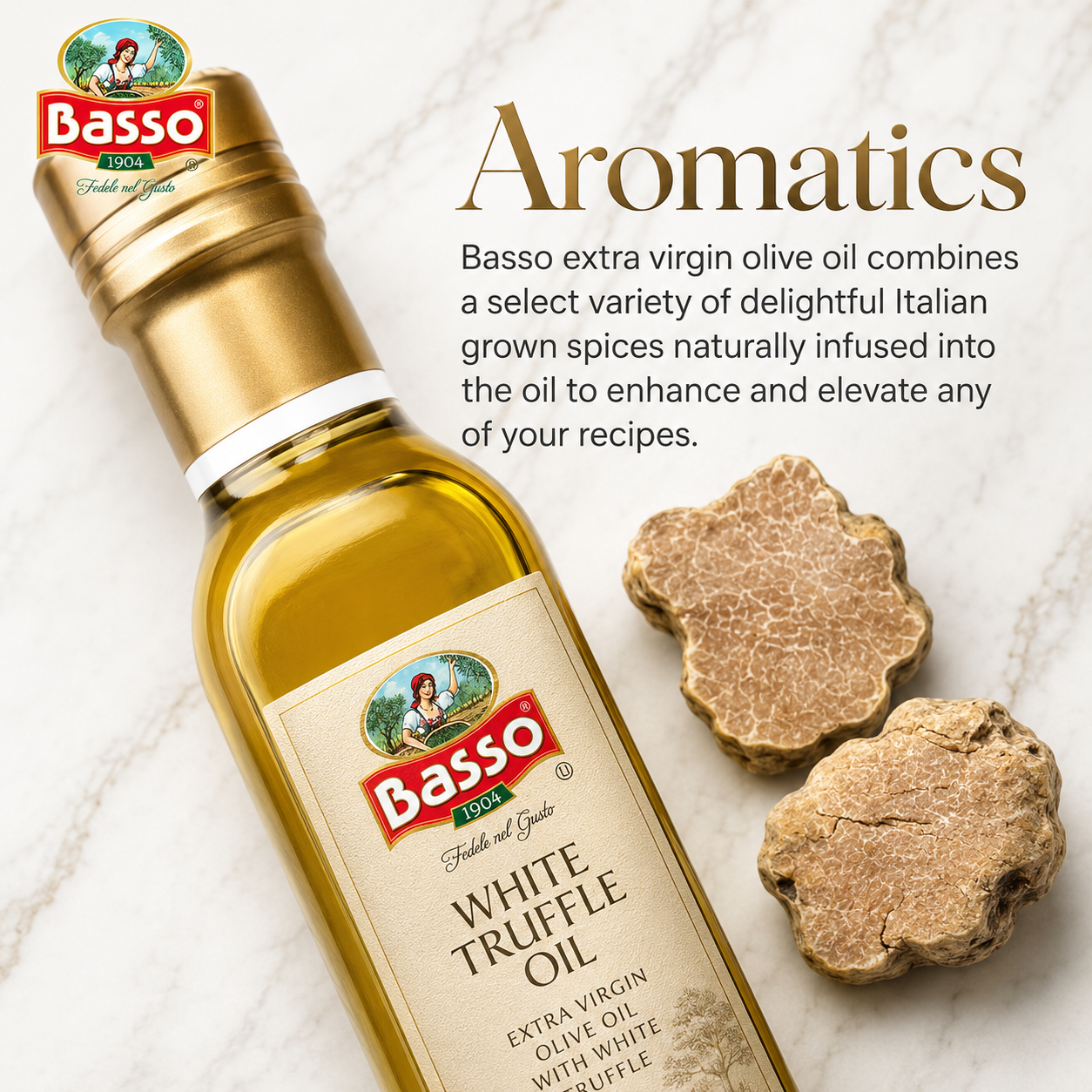 Basso White Truffle Infused Extra Virgin Olive Oil 250ml bottle with roasted potato wedges background and text Smooth on Potatoes.