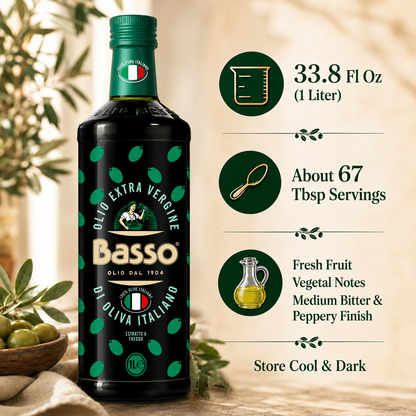 Basso 1904 100% Italian Extra Virgin Olive Oil – Cold Extracted – 33.8 fl oz (1 L)