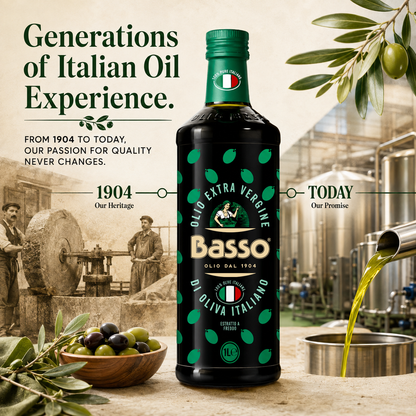 Basso 1904 100% Italian Extra Virgin Olive Oil – Cold Extracted – 33.8 fl oz (1 L)