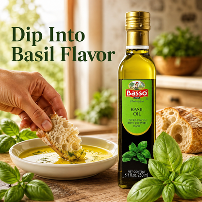 A bottle of Basso Kids Basil Oil stands on a wooden table beside a bowl of dip with bread and a hand dipping, with fresh basil leaves around it. Large text reads 'Dip Into Basil Flavor.