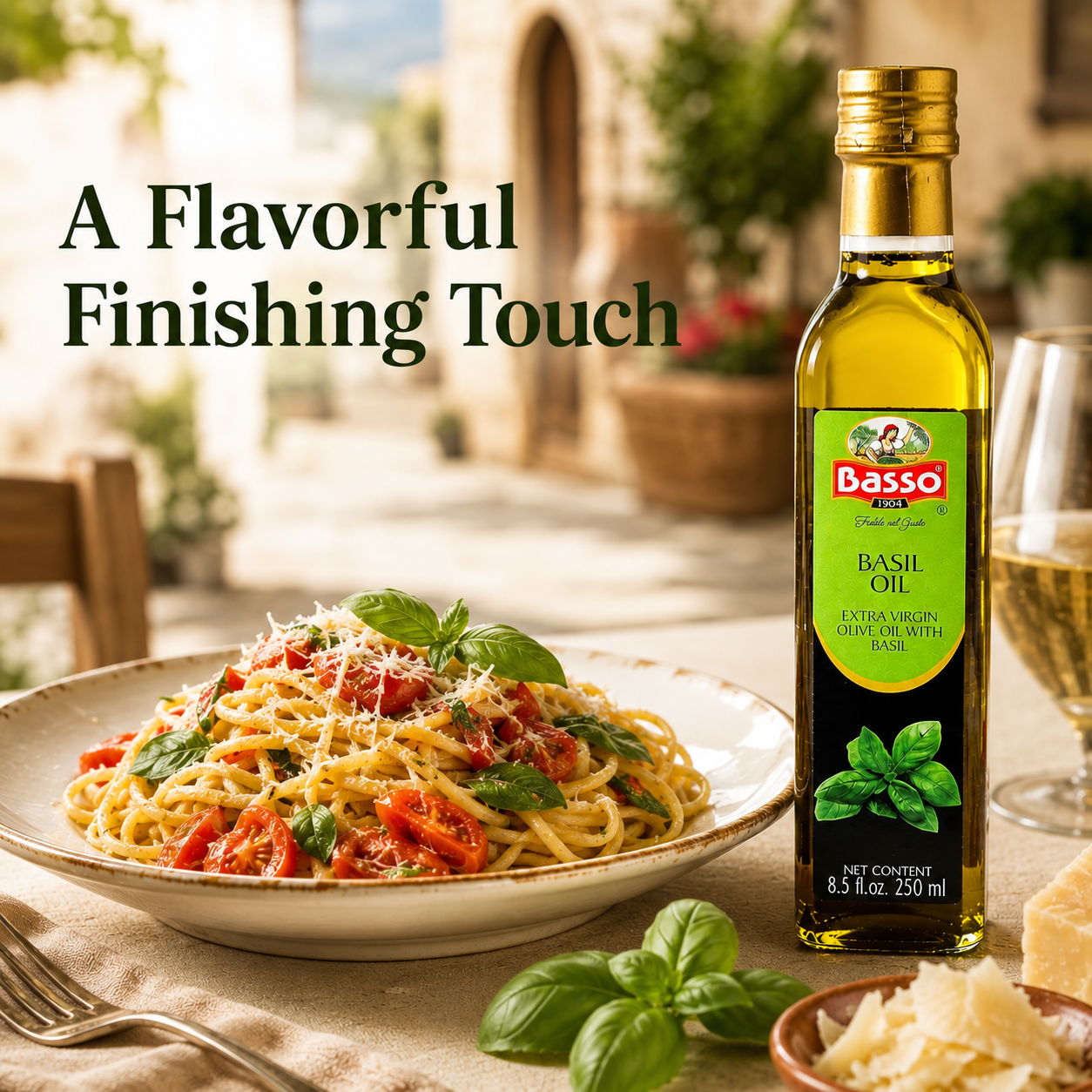 A bottle of Basso Basil Oil stands next to a plate of spaghetti with tomatoes and basil in a warm, sunlit outdoor dining setting. Large text on the left reads 'A Flavorful Finishing Touch'.