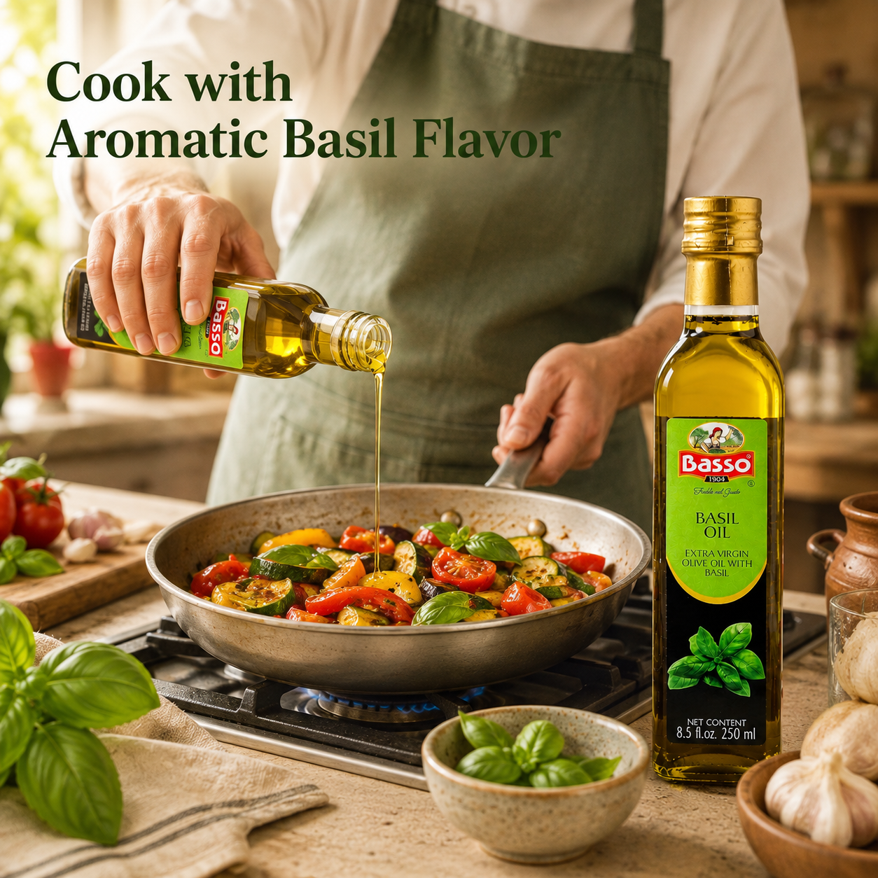 A person in a green apron pours basil oil from a glass bottle into a pan of vegetables on a stove. A bottle of Dasso Basil Oil stands on the counter beside fresh basil leaves, garlic, and tomatoes in a kitchen setting.