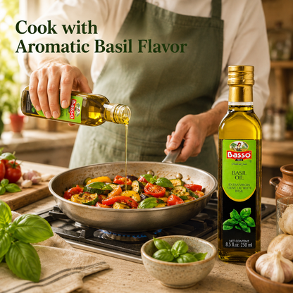 A person in a green apron pours basil oil from a glass bottle into a pan of vegetables on a stove. A bottle of Dasso Basil Oil stands on the counter beside fresh basil leaves, garlic, and tomatoes in a kitchen setting.