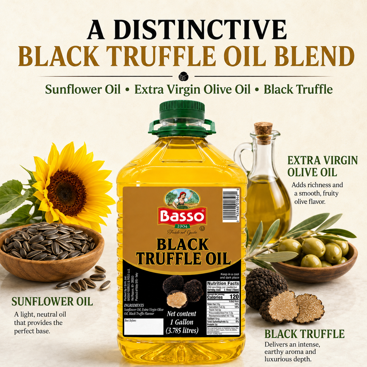 A bottle of Basso Black Truffle Oil Blend surrounded by ingredients and text callouts on a light beige background, including a sunflower, seeds, olives, and a small glass of oil.