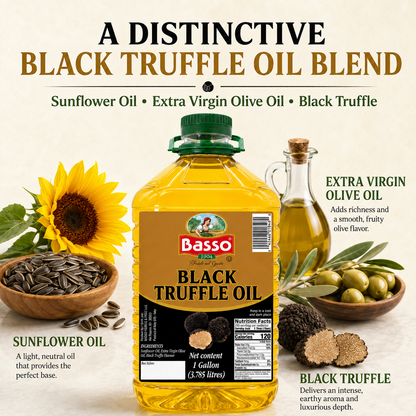 A bottle of Basso Black Truffle Oil Blend surrounded by ingredients and text callouts on a light beige background, including a sunflower, seeds, olives, and a small glass of oil.