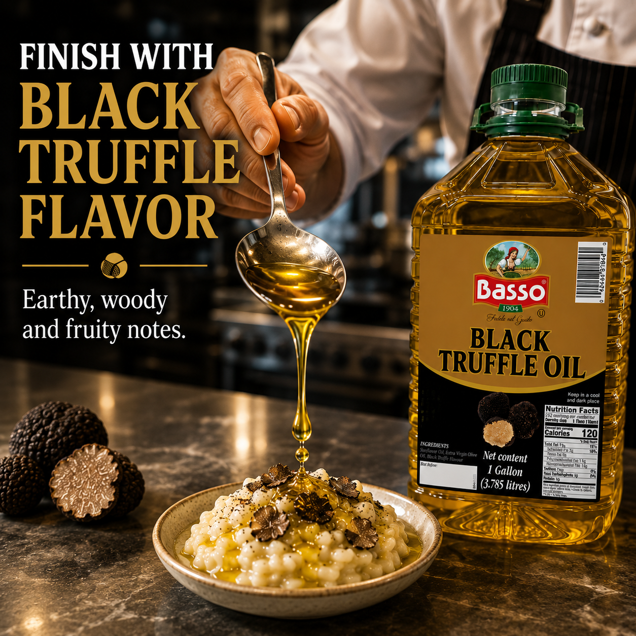 A large bottle of Basso Black Truffle Oil stands on a countertop beside a plated food dish with truffle pieces, while a hand pours golden oil from a spoon. Large text reads 'FINISH WITH BLACK TRUFFLE FLAVOR' and describes the flavor profile.
