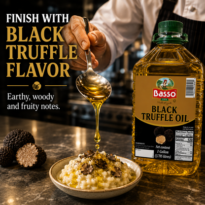 A large bottle of Basso Black Truffle Oil stands on a countertop beside a plated food dish with truffle pieces, while a hand pours golden oil from a spoon. Large text reads 'FINISH WITH BLACK TRUFFLE FLAVOR' and describes the flavor profile.