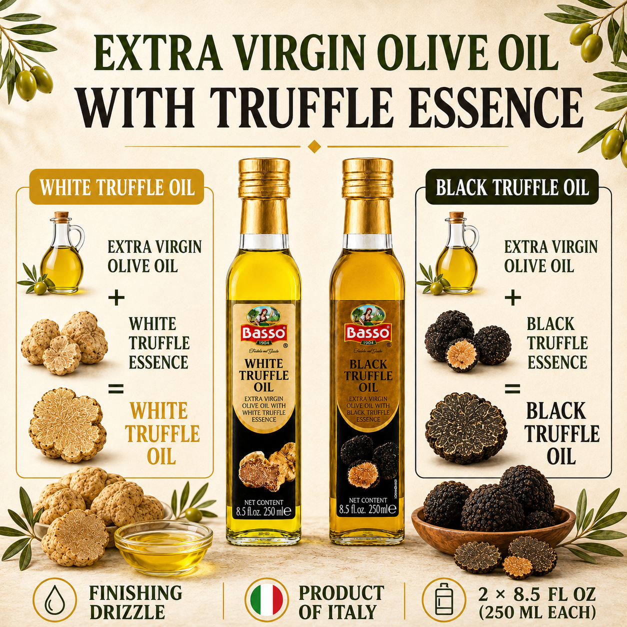 Basso 1904 Black & White Truffle Infused EVOO Duo – Gourmet Finishing Oils – 2 x 8.5 fl oz (250 ml)